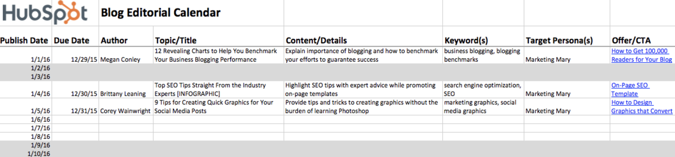 Content Calendar Screenshot from Hubspot