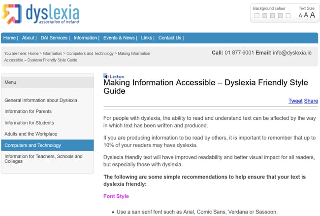 Dyslexia Association of Ireland website with default white background