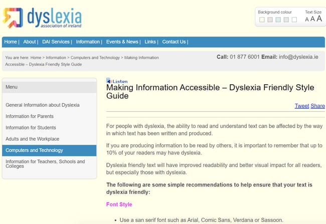 Dyslexia Association of Ireland website with pale yellow background