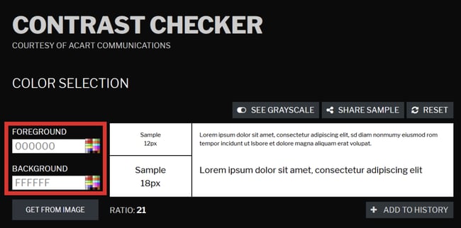 Contrast Checker showing foreground and background color input fields