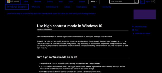Windows 10 support site as seen in Windows High Contrast Mode