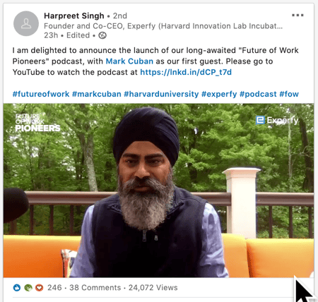 Harpreet Singh announces The Future of Work Podcast in a video on LinkedIn