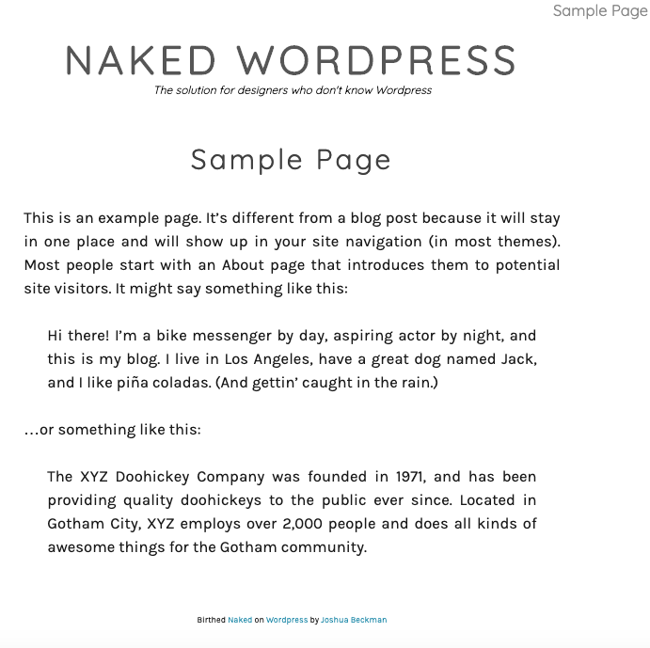 WordPress Starter Themes: Sample page of the Naked WordPress theme