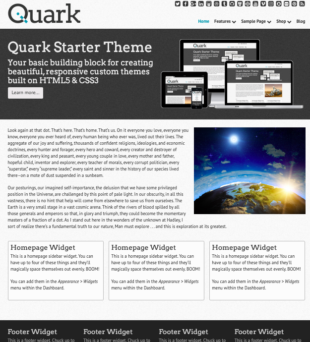 WordPress Starter Themes: Quark with social media icons, header image, homepage widgets, and footer widgets