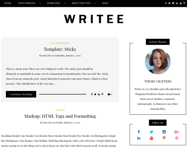 Writee Tyopgraphy demo with a right sidebar and social media icons 