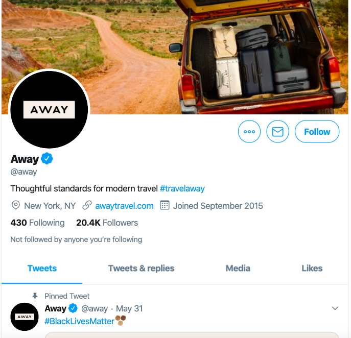 twitter ecommerce marketing strategy featuring away's eye-catching profile