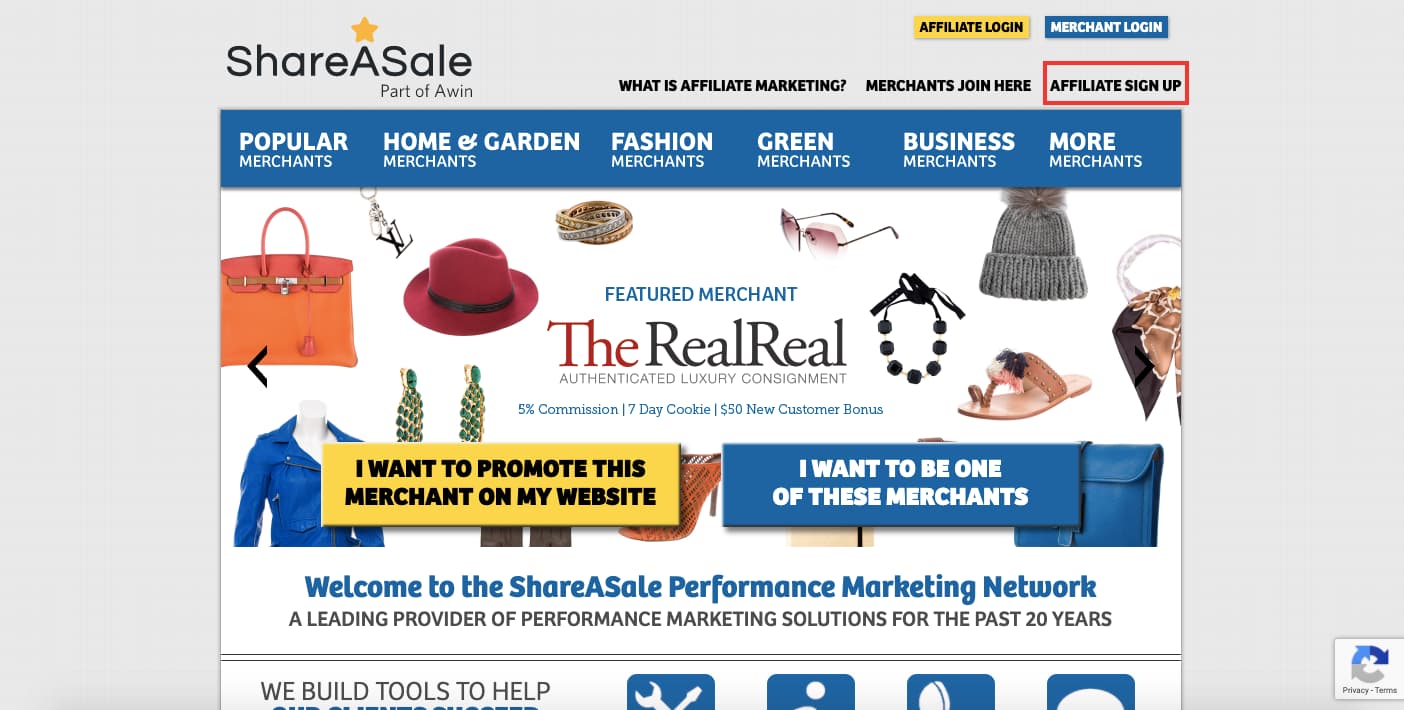 Affiliate sign up link outlined in red on ShareASale website