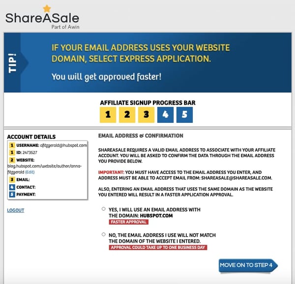 Third page of ShareASale affiliate sign up process asks you to confirm email address