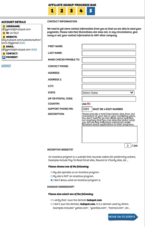 Fourth page of ShareASale affiliate sign up process asks you to fill in contact information