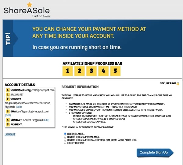 Fifth page of ShareASale affiliate sign up process asks you to fill in payment information