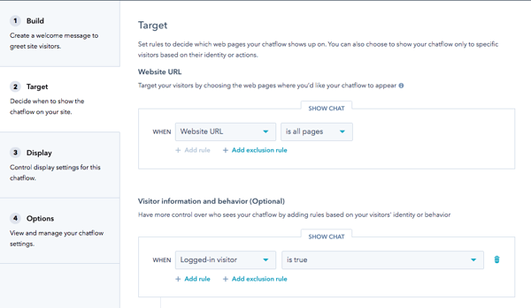 Target panel configuring visitor information and behavior