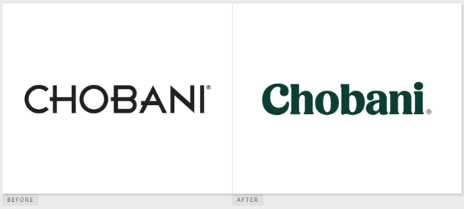 Chobani's typeface before and after its 2017 rebrand
