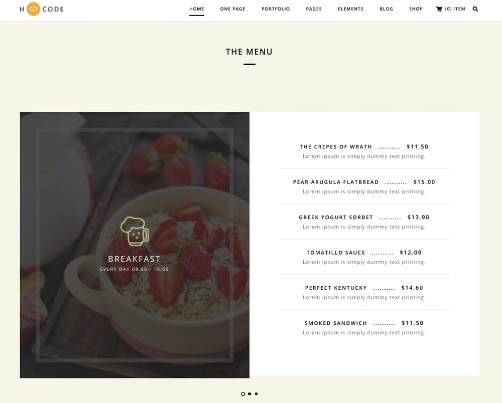 Menu section of the H-Code WordPress demo shows breakfast options for this mock restaurant