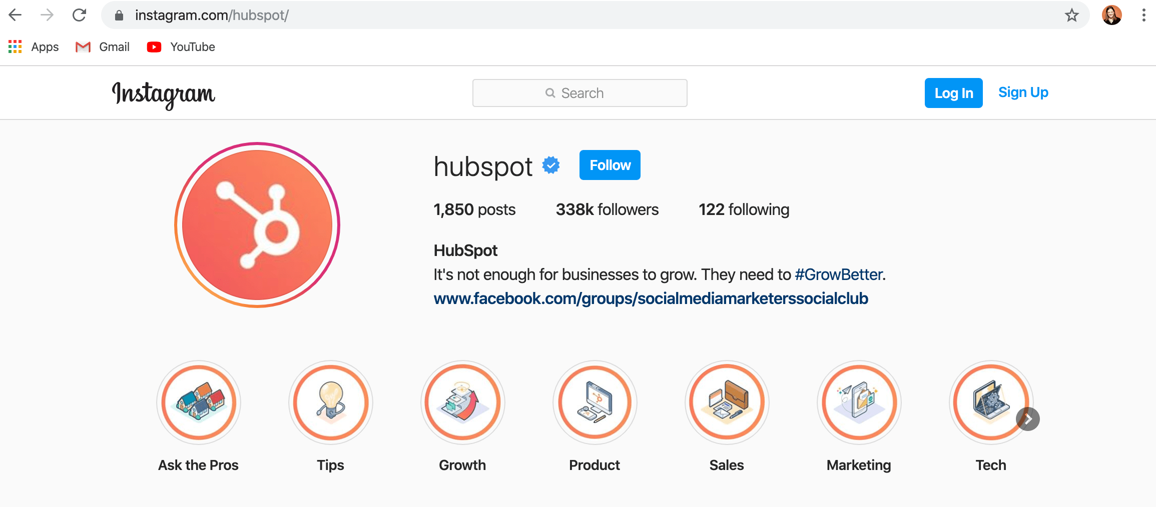 desktop version of hubspot instagram account 