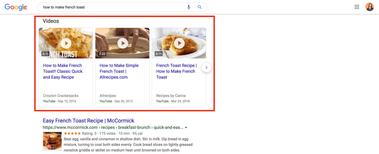 search results video section for how to make french toast 