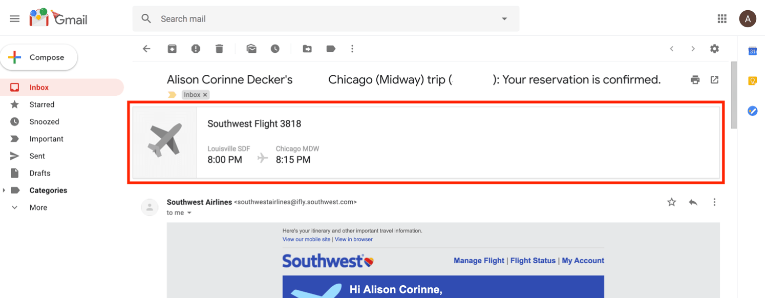example of email markup for southwest flight in email