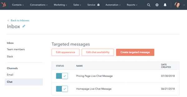 HubSpot Live Chat software customer service dashboard