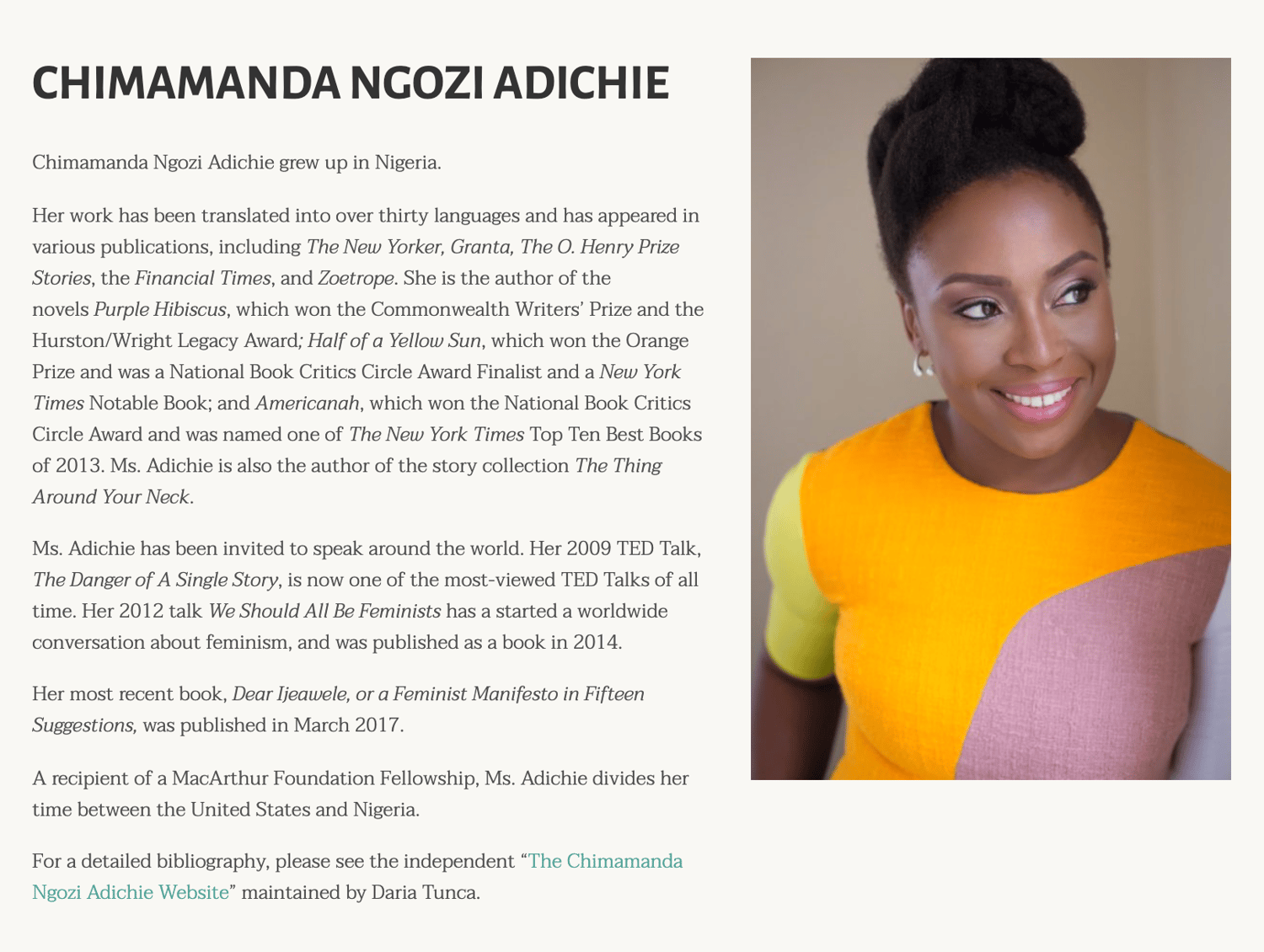 Chimamanda Ngozi Adichie Professional Bio Example