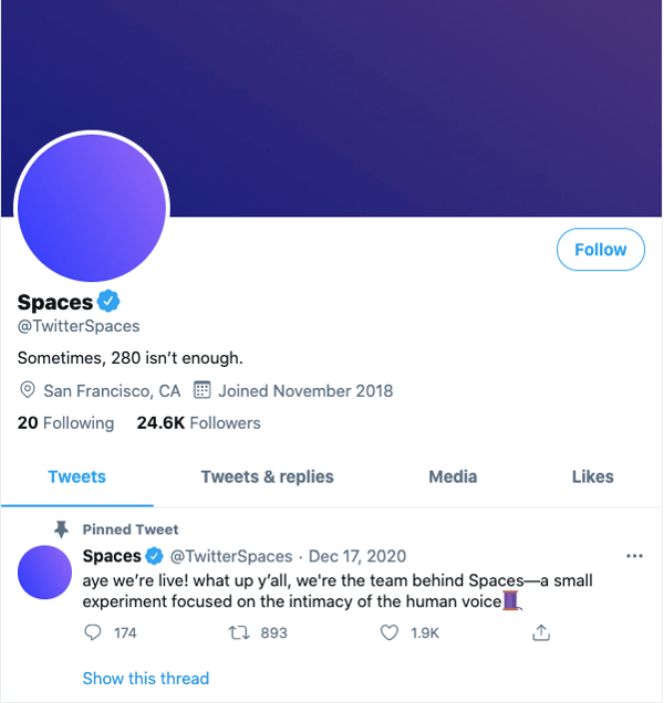 Twitter Spaces profile. Profile picture and cover photo are a gradient purple.