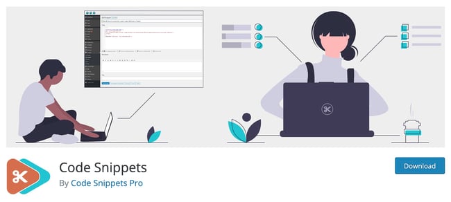 Code Snippets Pro WordPress Plugin download featuring an animated woman and man adding CSS customizations to their website