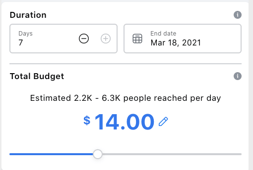 The duration and budget section of an ad when you're filling out the ad form on Facebook