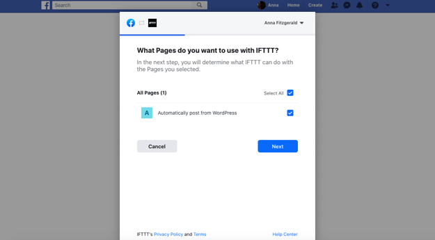 Select the Facebook page you want to connect to automatically post WordPress posts