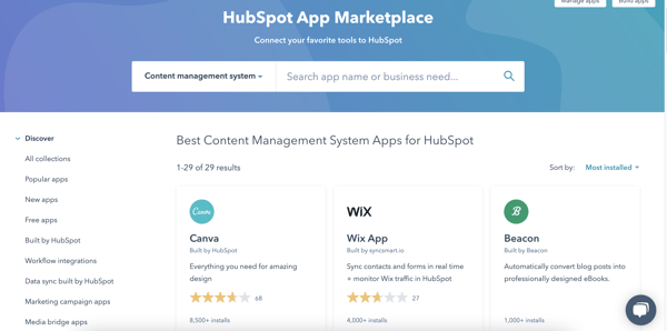 install extensions, apps, and integrations to your cms in hubspot's app marketplace