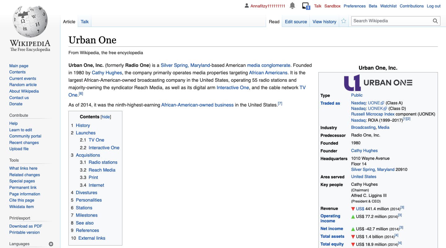 examples of company pages on wikipedia: Urban One