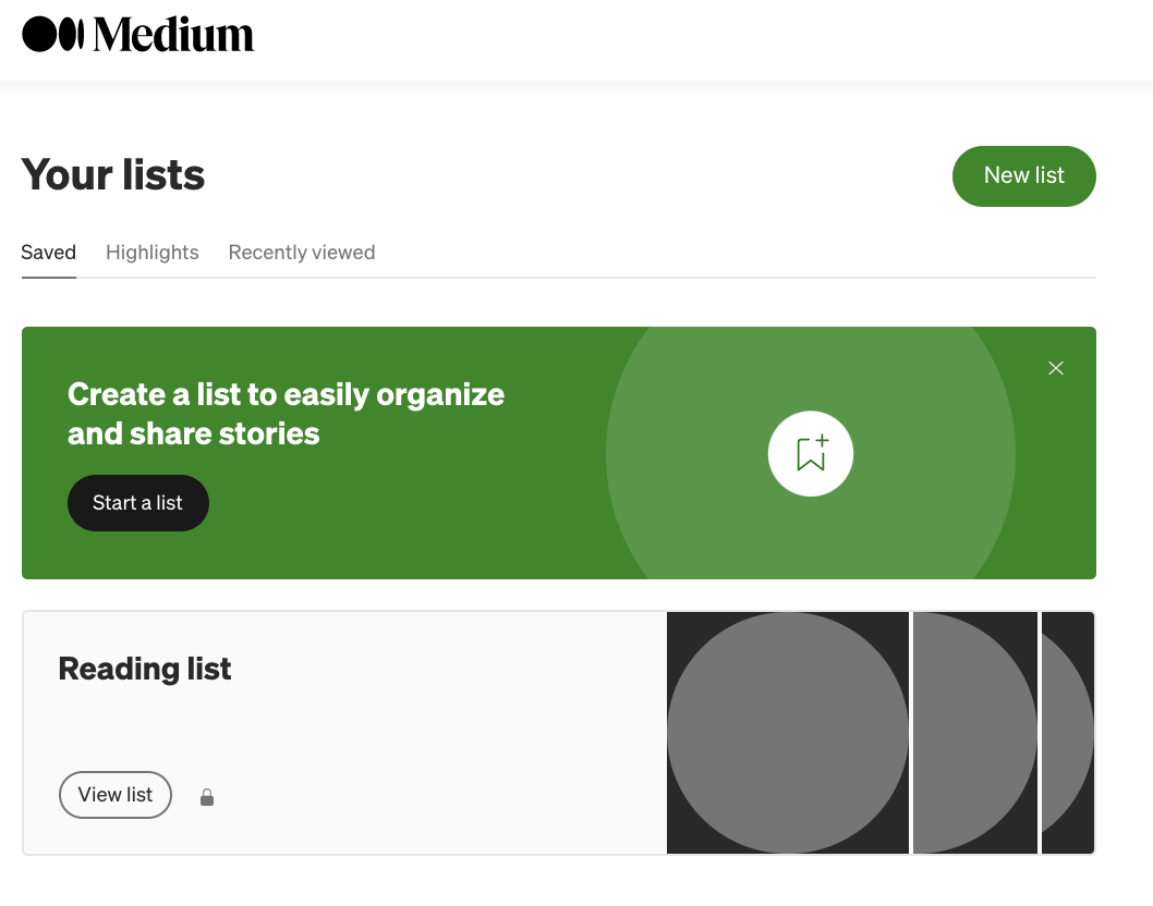 The Lists page where you can find Medium posts you've bookmarked
