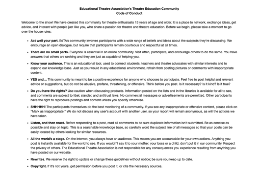 Educational Theatre Association community forum rules of conduct