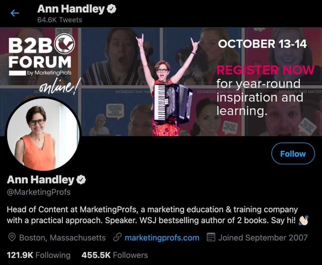 ann handley of marketing profs, content marketer to follow on linkedin