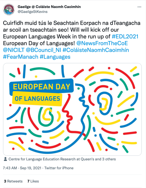توییت تعطیلات رسانه‌های اجتماعی ایرلندی @ Colaiste Naomh Caoimhin EDL 2021
