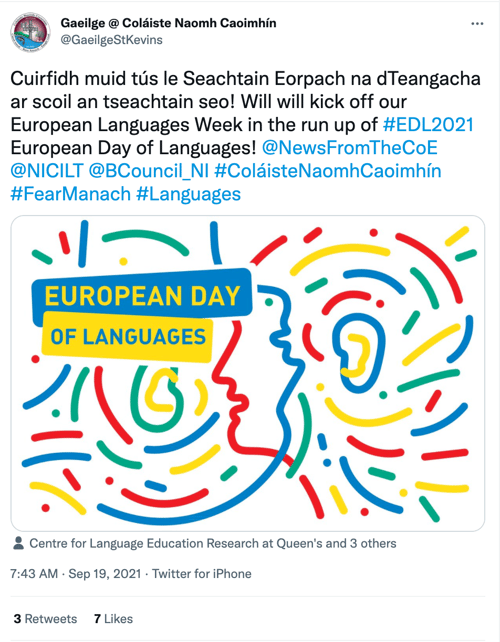 Gaeilge @ Colaiste Naomh Caoimhin EDL 2021 توییت تعطیلات رسانه های اجتماعی