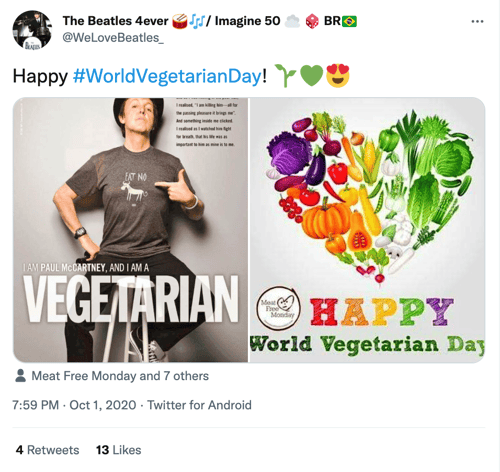 توییت تعطیلات رسانه های اجتماعی بیتلز 4ever روز جهانی گیاهخواری
