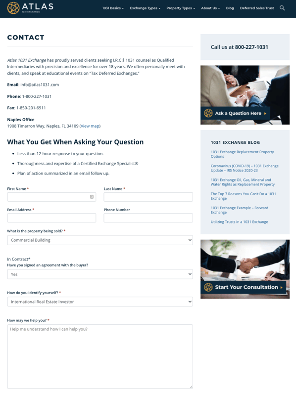 Best Contact Us Page Examples: Atlas 1031