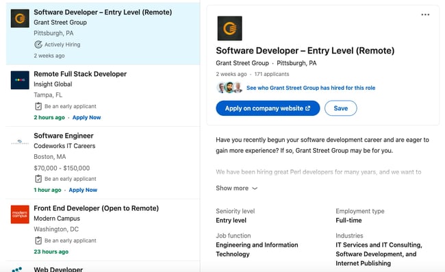 remote developer job postings on LinkedIn
