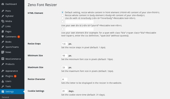 configuring wordpress typography settings via Zeno Font Resizer plugin