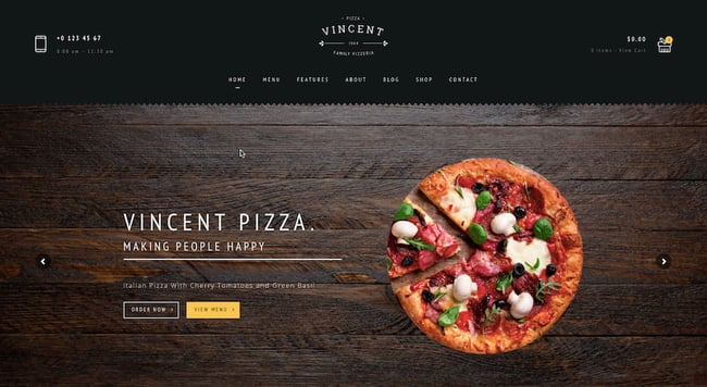 restaurant wordpress themes: Restaurant Vincent demo features CTA buttons to order now or view menu