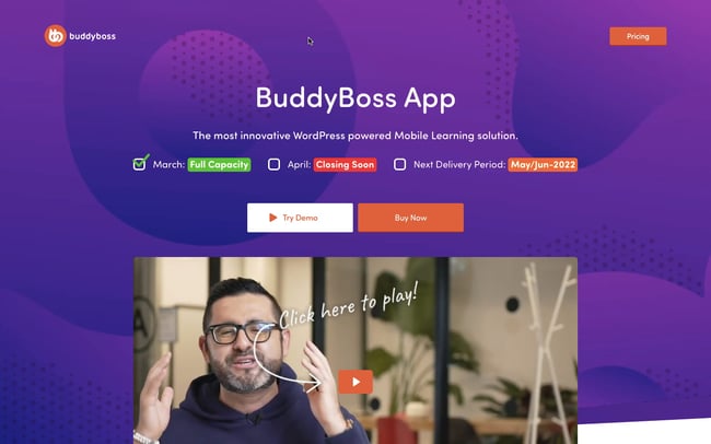 BuddyBoss App homepage with product demo video