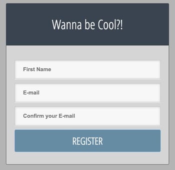 registration form with fields for first name, email, and email confirmation