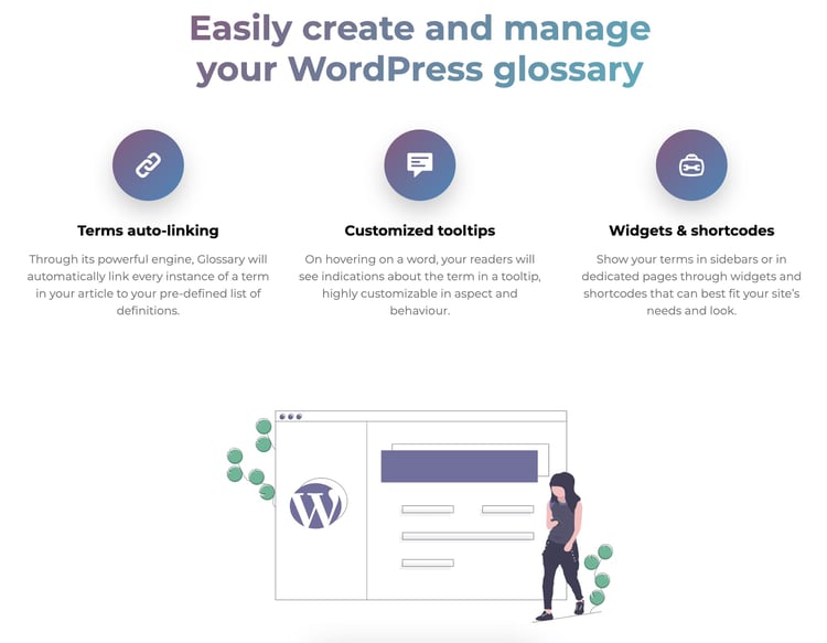 picture from Glossary for WordPress' website showing features like auto-linking terms, customized tooltips, widgets & shortcuts