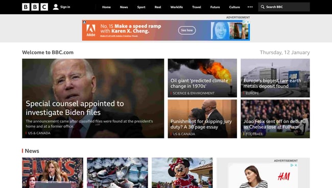 accessible website examples: BBC homepage
