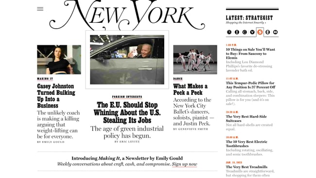 web design challenges: New York Magazine homepage in january 2023 features cover stories about the Us and industrial revolution, NYC ballet, and a weight lifter. 