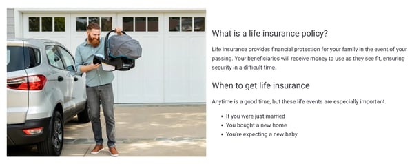 emotionally intelligent segmentation, Liberty Mutual life insurance site features a parent holding a baby carrier