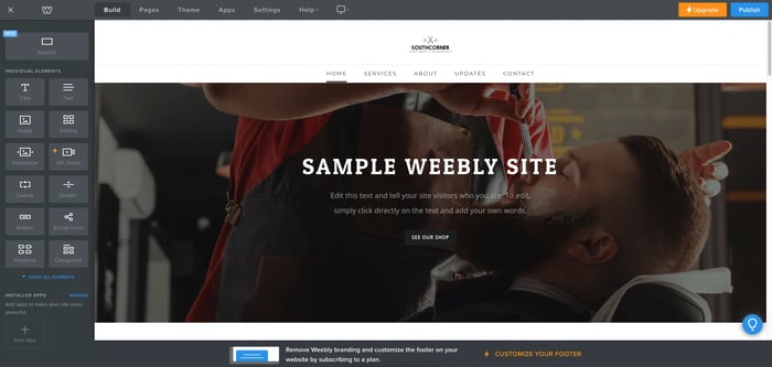 Sample weebly website with site editor on the left side of the webpage
