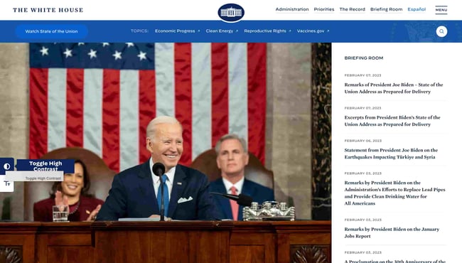 web accessibility homepage of white house shows joe biden at state of the union with article titles on the right hand side. 