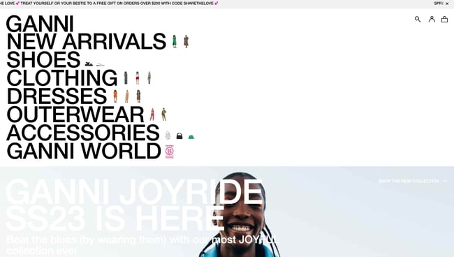 fashion website design ganni features text-heavy homepage with different offerings 