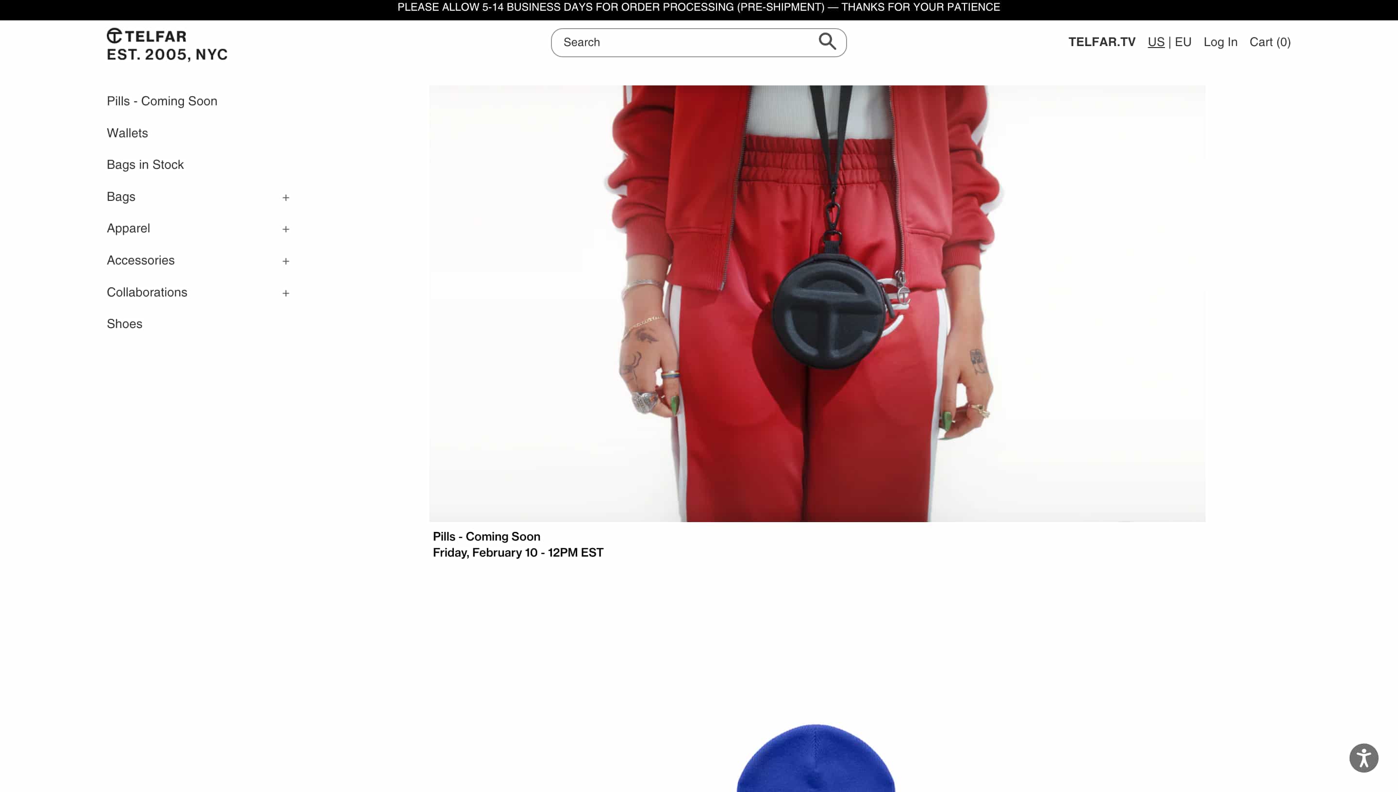 fashion website design Telfar shows person with a product surrounded by significant amount of white space 