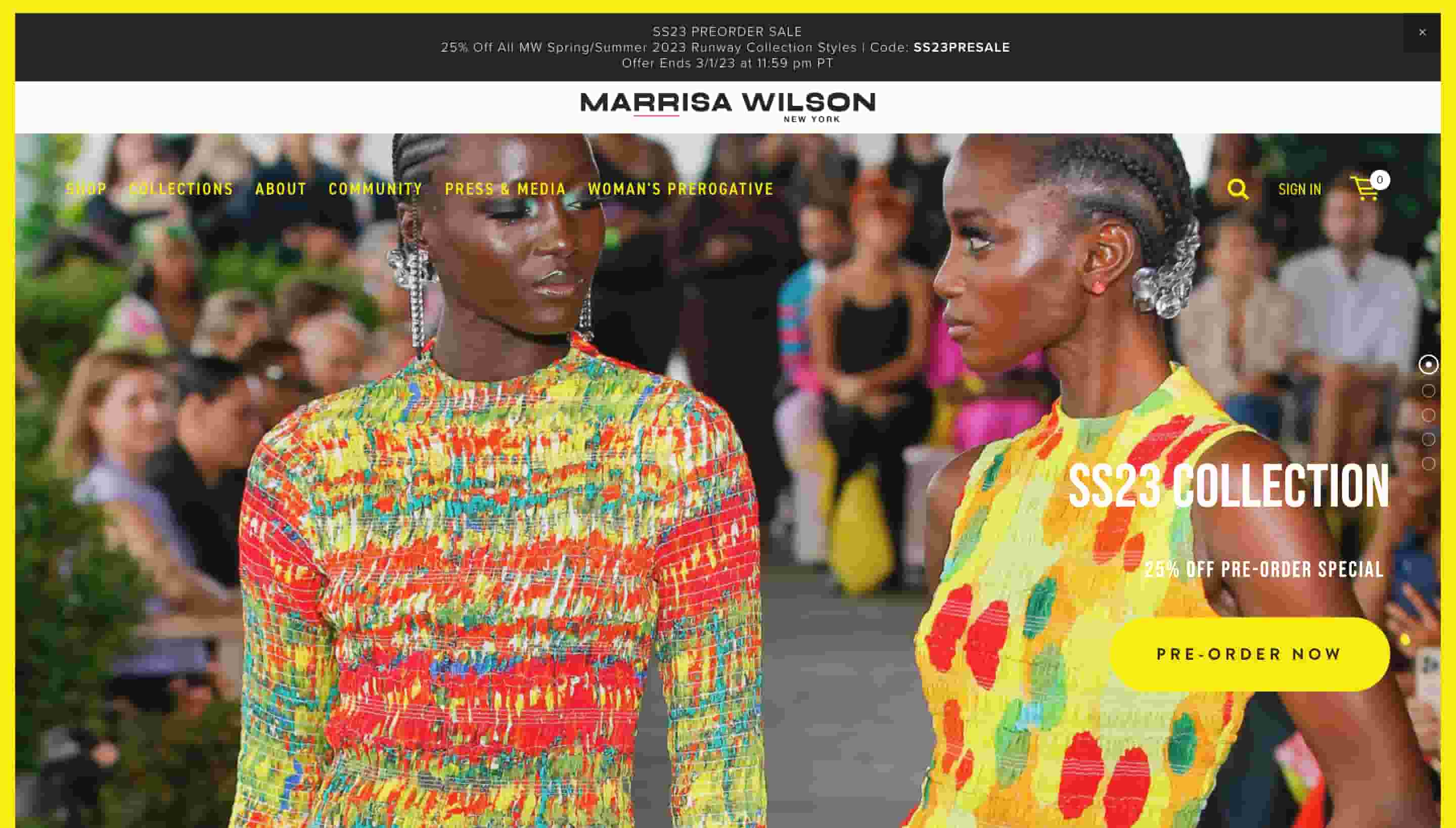 fashion website design Marrisa Wilson shows two models from runway show looking at eachother in colorful clothing. 
