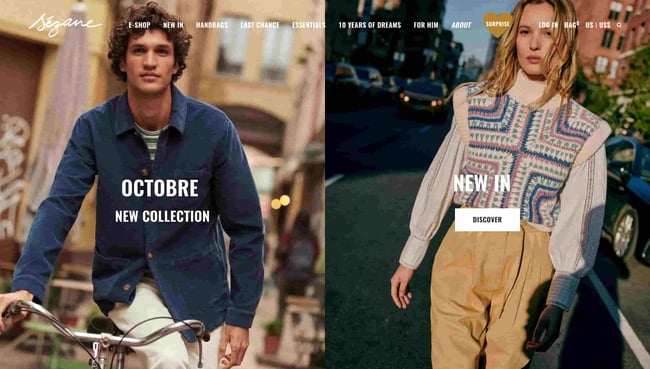fashion website design sezane split screen shows two models wearing offerings 